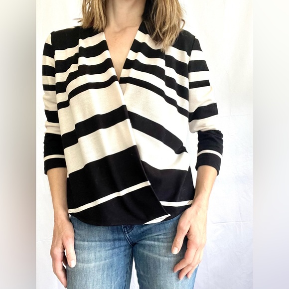 Anthropologie Deleta black and cream stripe wrap front three quarter top size XS - Picture 2 of 10